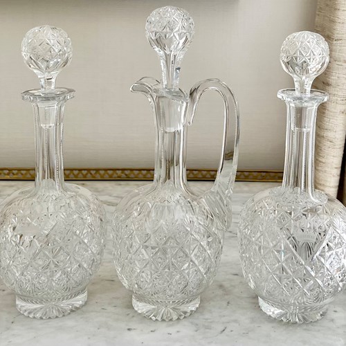 Three Crown Etched Crystal Wine Decanters By Thomas Webb