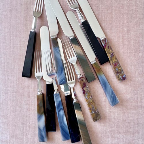 Superb Antique Agate Handled Knives And Forks For 6 Guests