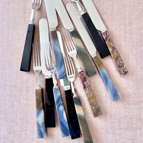 Superb Antique Agate Handled Knives And Forks For 6 Guests