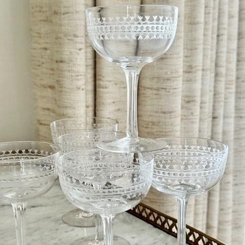 6 Exquisite Edwardian Crystal Champagne Coupes With Air Bubble Stem