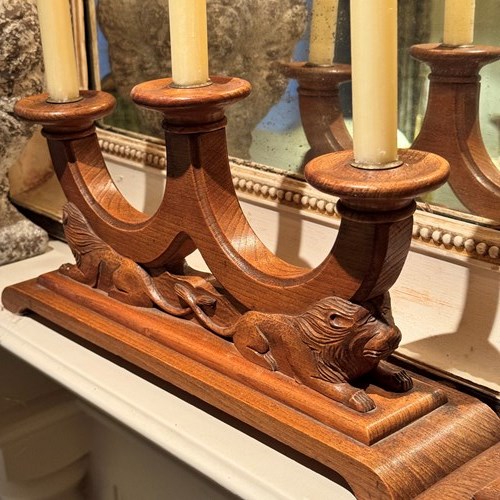 Pair XL Art Deco Carved Oak Lion Candelabra