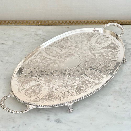 Pretty Hand Chased Twin Handled Serving Tray Circa 1950