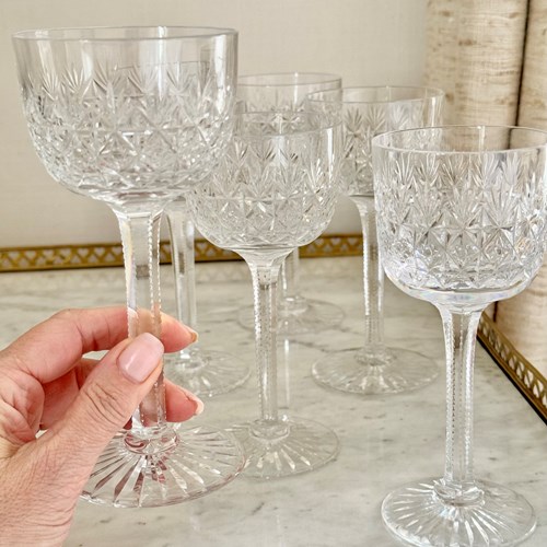 Six Finest Crystal Hock Wine Glasses By Webb Crystal