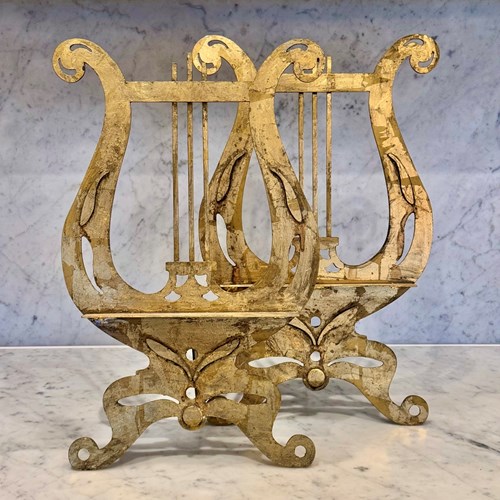 Large Gilded Brass Lyre Shaped Music Stands