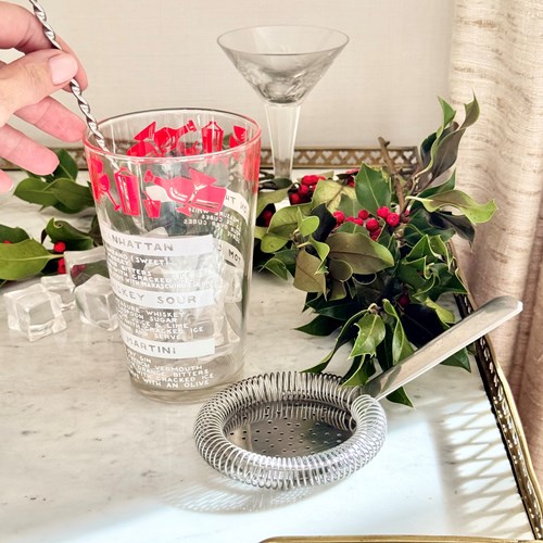 Cocktail recipe mixing jug with stirring spoon & bar strainer