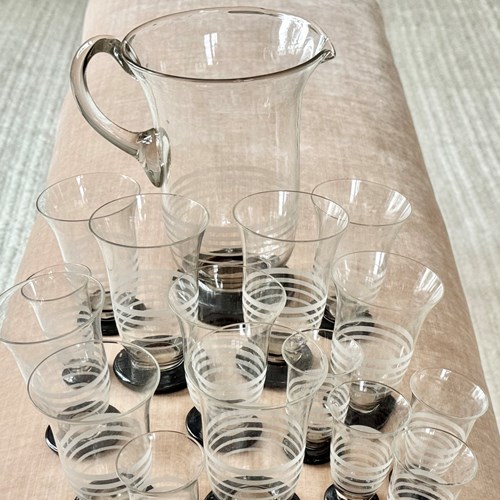Set Art Deco Etched Lemonade Cocktail Jug & Tumblers With Black Bases