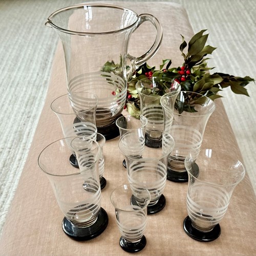 Set Art Deco Etched Lemonade Cocktail Jug & Tumblers With Black Bases