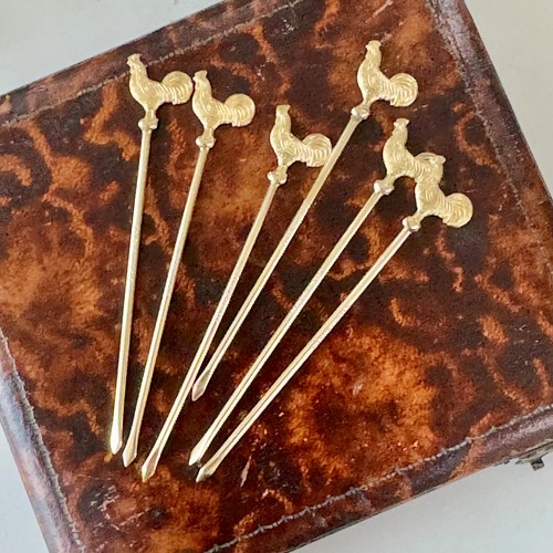 Antique Gilt Sterling Silver Cockerel Cocktail Sticks C1920