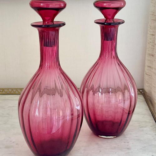 Post Modern Italian Pink Ribbed Glass Decanters C1950s