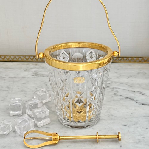 Val Saint Lambert Crystal & Gold Plated Ice Bucket & Ice Grab Tongs