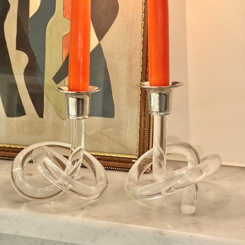 Pair Of Dorothy Thorpe Style Lucite Knot Candlesticks C1970