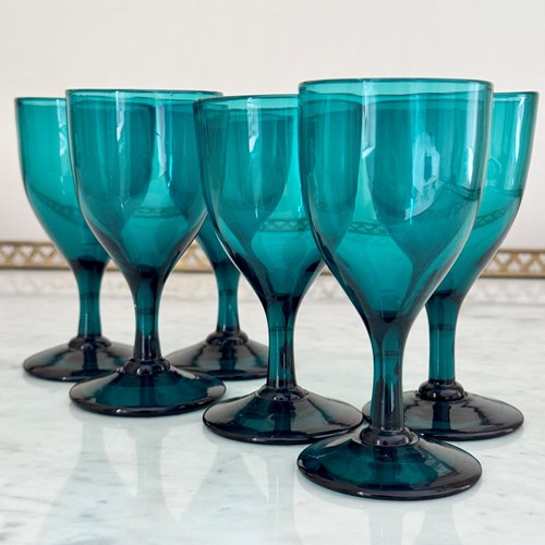 Six Victorian Bristol Green Wine Glasses C1870