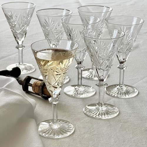 8 Val Saint Lambert Crystal Wine Glasses C1950