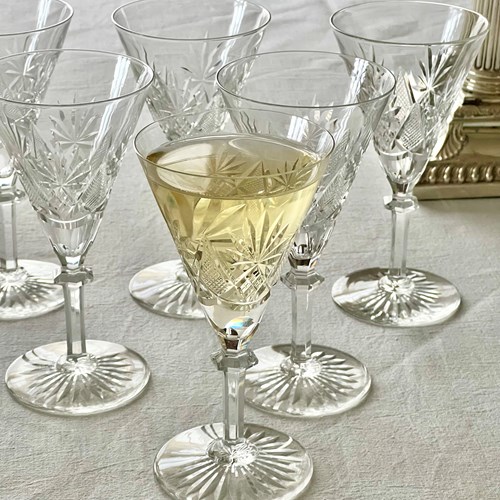 6 Val Saint Lambert Finest Crystal White Wine Glasses