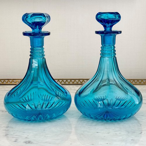 Rare Pair Of Aqua Blue Victorian Ships Decanters