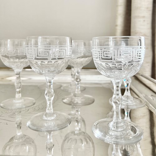 Remarkable Greek Key Cut Crystal Aperitif Glasses C1850s