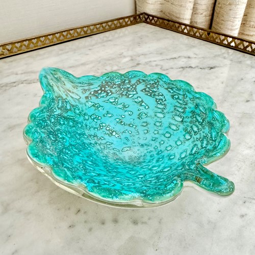 Murano Barbini Turquoise Glass Leaf Dish C1950s