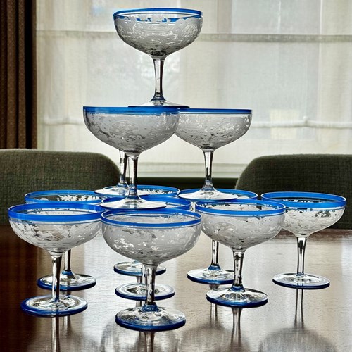 12 Art Deco Bohemian Etched Champagne Coupes With Blue Enamel Rims