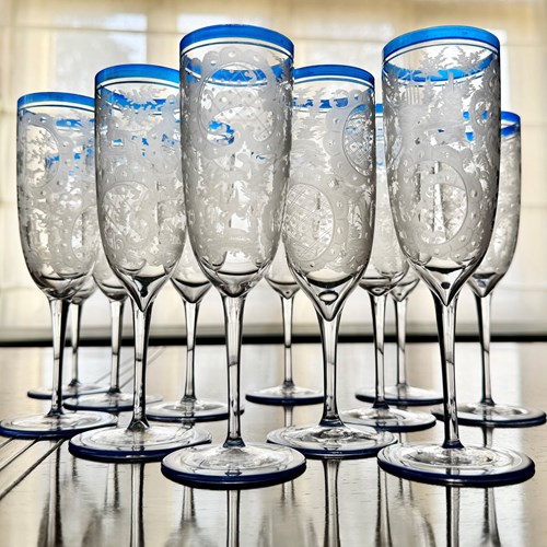 12 Art Deco Bohemian Etched Champagne Flutes With Blue Enamel Rims