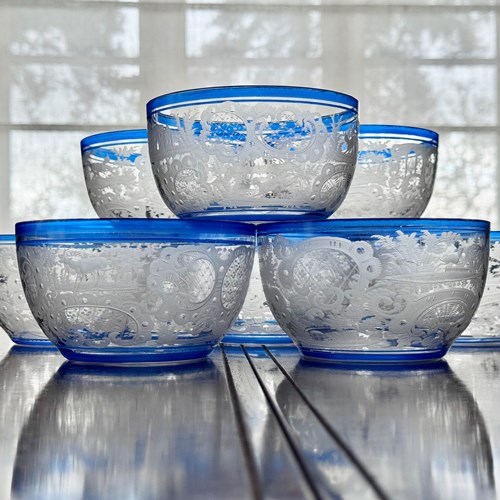 Outstanding Art Deco Bohemian Wheel Etched Glass Bowls Hand Applied Blue E