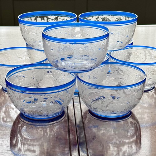 An Outstanding Set Of A Ten Art Deco Bohemian Wheel Etched Glass Bowls Hand Applied Blue E