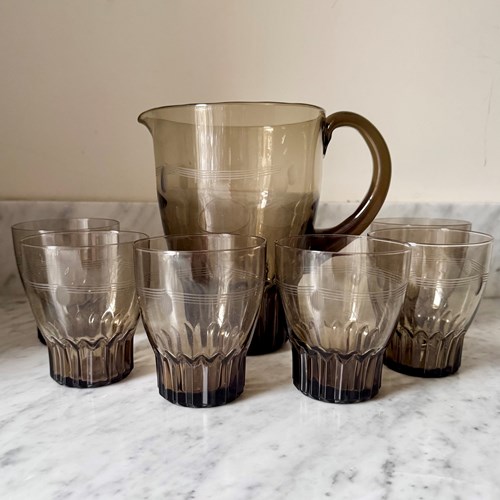 Art Deco Smoked Glass Lemonade Cocktail Jug & Glasses Set