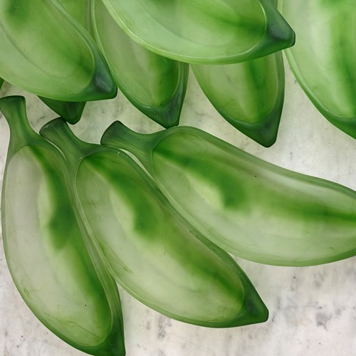 10 Satin Glass Green Banana Serving Dishes Circa 1970