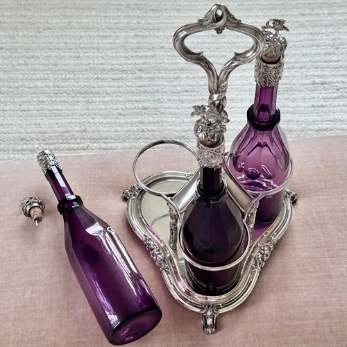 Early Victorian Triple Amethyst Decanters And Silver Plated Stand Dated 1839