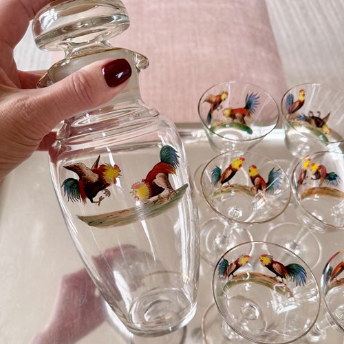 Art Deco cockerel cocktail shaker/decanter & glasses C1930
