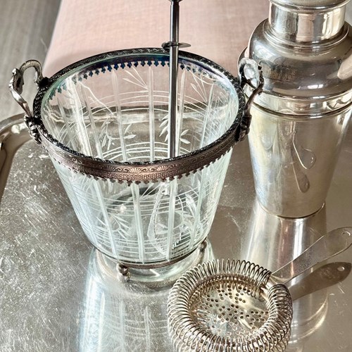 Pretty 19th C French etched glass cache pot ice bucket