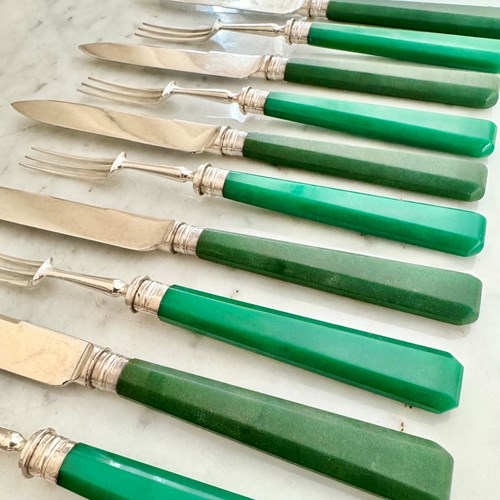 Art Deco Silver Dessert Knives Forks With Emerald Green Handles