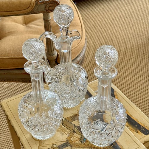 3 Crown Etched Crystal Wine Decanters By Thomas Webb