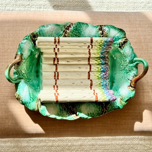 Large French Majolica Asparagus Cradle Server Dish C1910