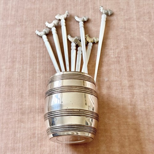 Antique Carved Mother Of Pearl & Silver Cockerel Cocktail Sticks & Barrel Stand