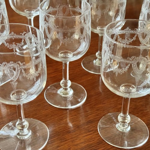 8 Etched Crystal Wine Glasses By Baccarat, France