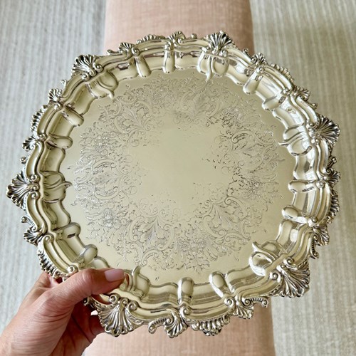 Rococo Style Chased Silver Plated Round Drinks Tray