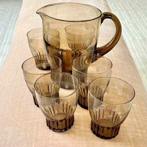 Art Deco Smoked Glass Lemonade Cocktail Jug & Glasses Set