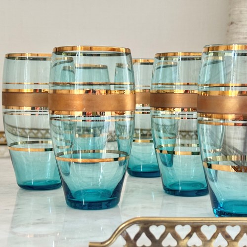 6 Bohemian Gold & Blue Glass Cocktail Tumblers C1950