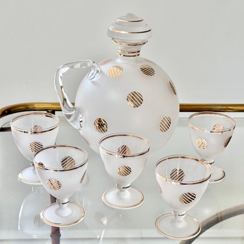 C1950 Round Bohemian Cocktail Decanter & Glasses Set