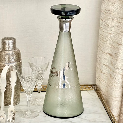 Tall Art Deco Smoked Glass & Silvered Decanter