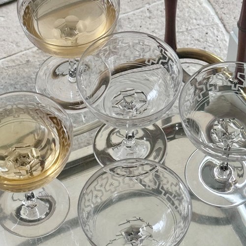Rare Art Deco Star Etched Crystal Champagne Coupes C1920