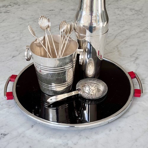 Art Deco Glass & Chrome Cocktail Tray With Bakelite Handles
