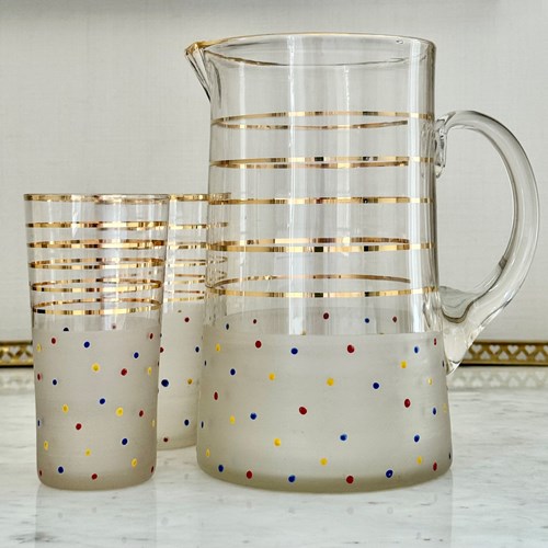 Large Polka Dot & Gold Enamelled Glass Jug & Tumblers C1950