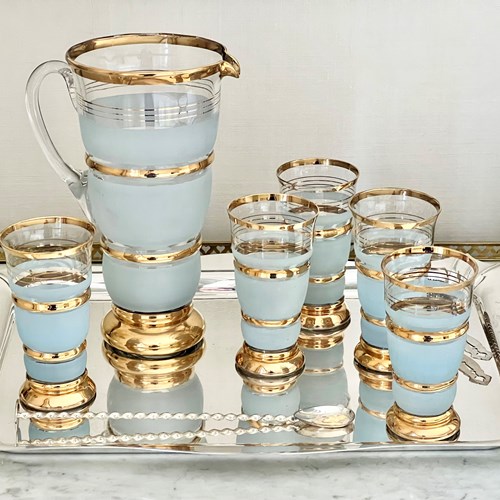 Gold Plated & Powder Blue Lemonade Jug & Tumblers Set C1950s