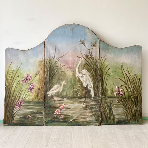 Antique Painted Screen With Cranes/Egrets