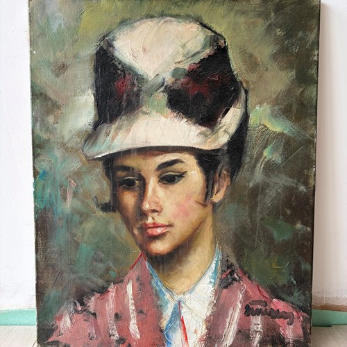 Midcentury Oil Portrait Pretty Lady