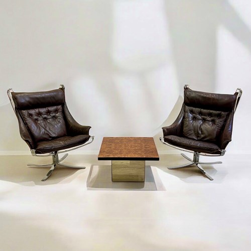 Pair Of Leather & Chrome Falcon Armchairs Designed By Sigurd Ressell (1920-2010)