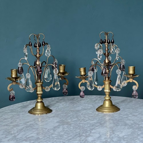Pair Of Antique Brass And Cut Glass Candelabra