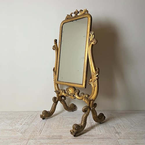 Antique Venetian Cheval Mirror With Carved Giltwood Frame