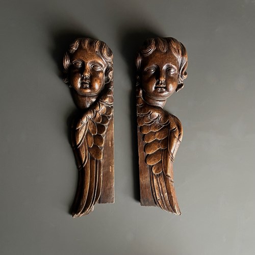 Pair Of Antique Carved Wood Putti Church Fragments